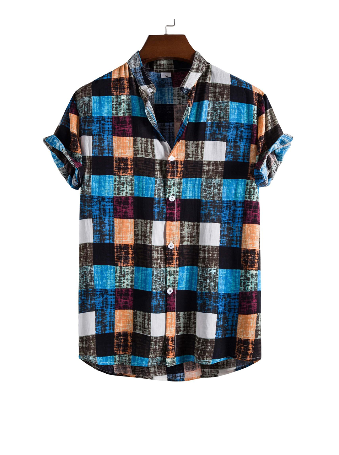 2021 cross-border new men's fashion trend color plaid printing stand-up collar short-sleeved shirt one piece on behalf of the hair