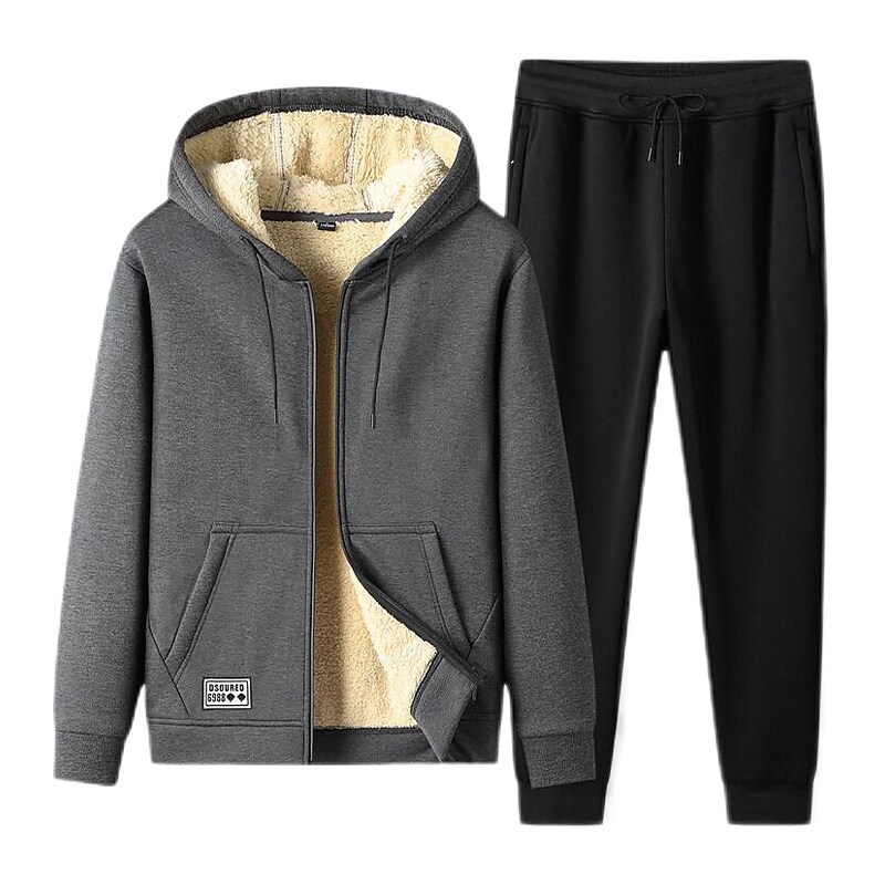 Rogoman Men's Solid Color Fleece Drawstring Hoodie Sweater With Elastic Waist Sweatpants Two-piece Outfits