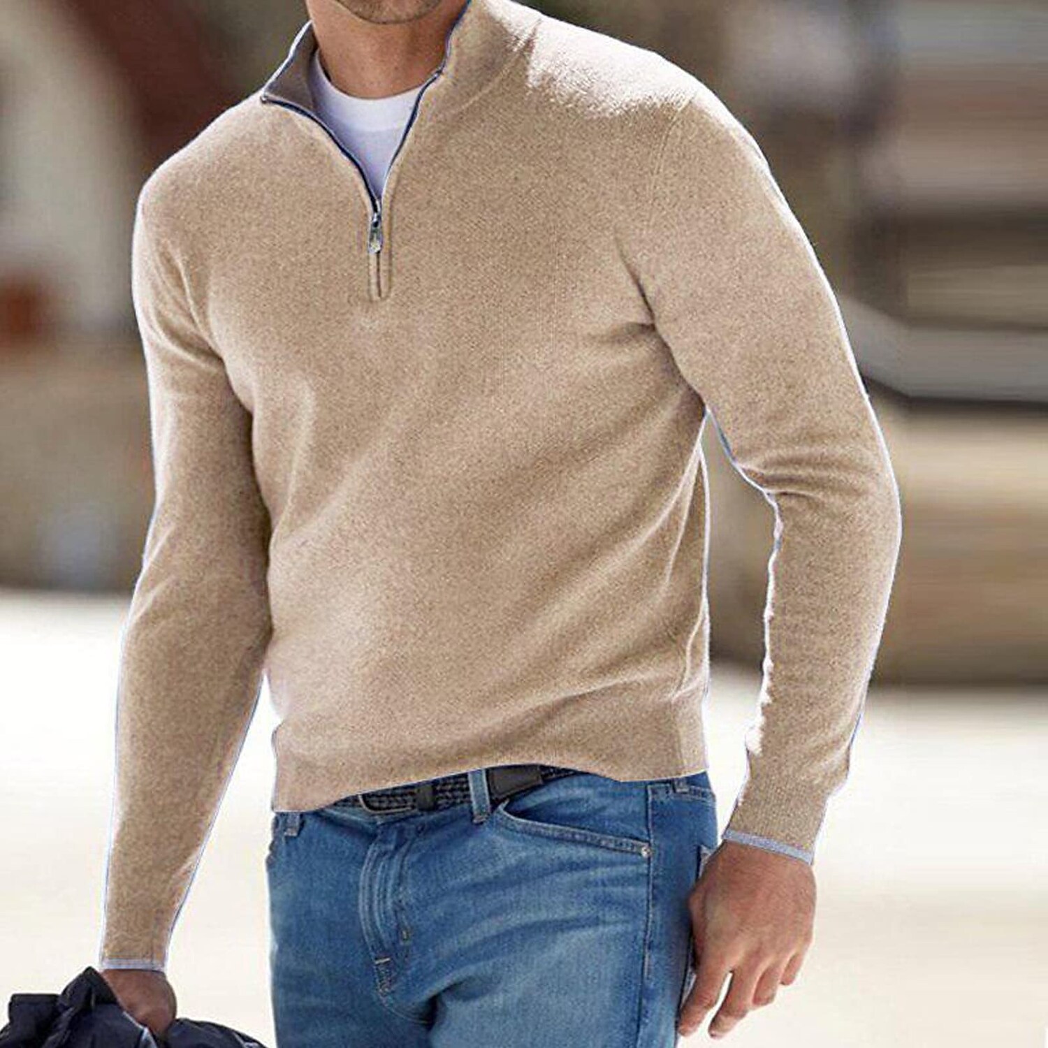 Rogoman Men's Pullover Knit Solid Color Stand Collar Half Zipper Sweater
