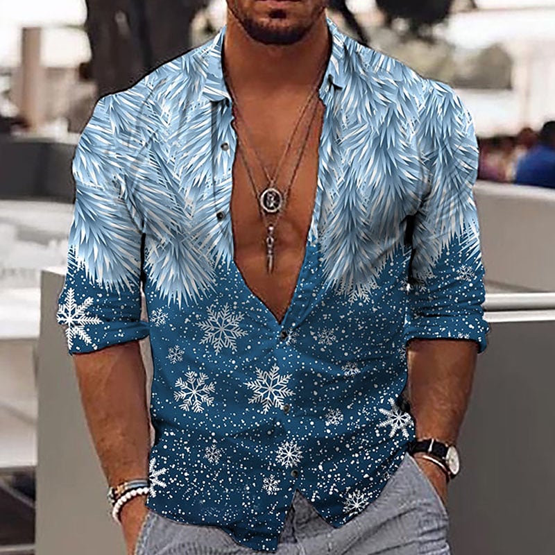 Rogoman Men's Snowflake Collar Blue Long Sleeve Shirt