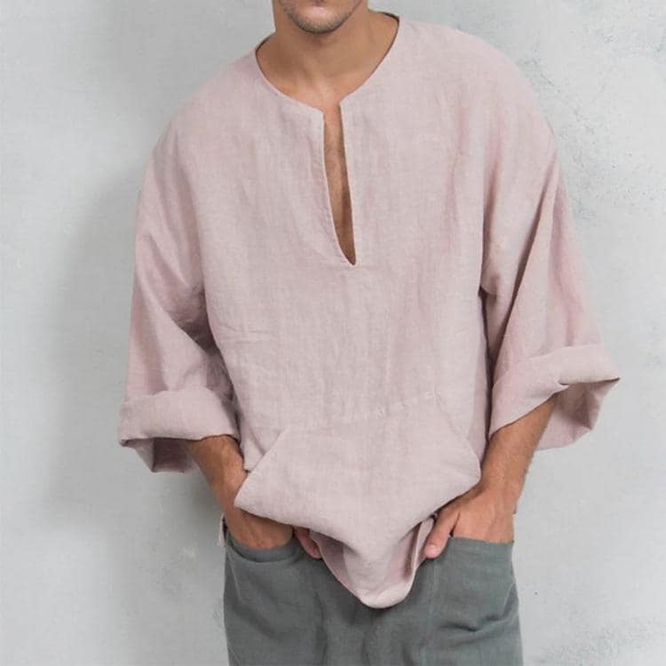 Men's Cotton Linen Loose Solid Color Breathable Mid Sleeve Shirt