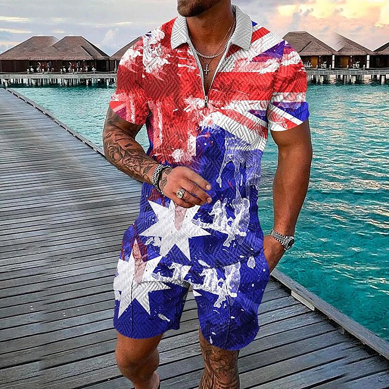 Men's Graphic Flag Crew Neck Casual Short Sleeve Two-piece Set