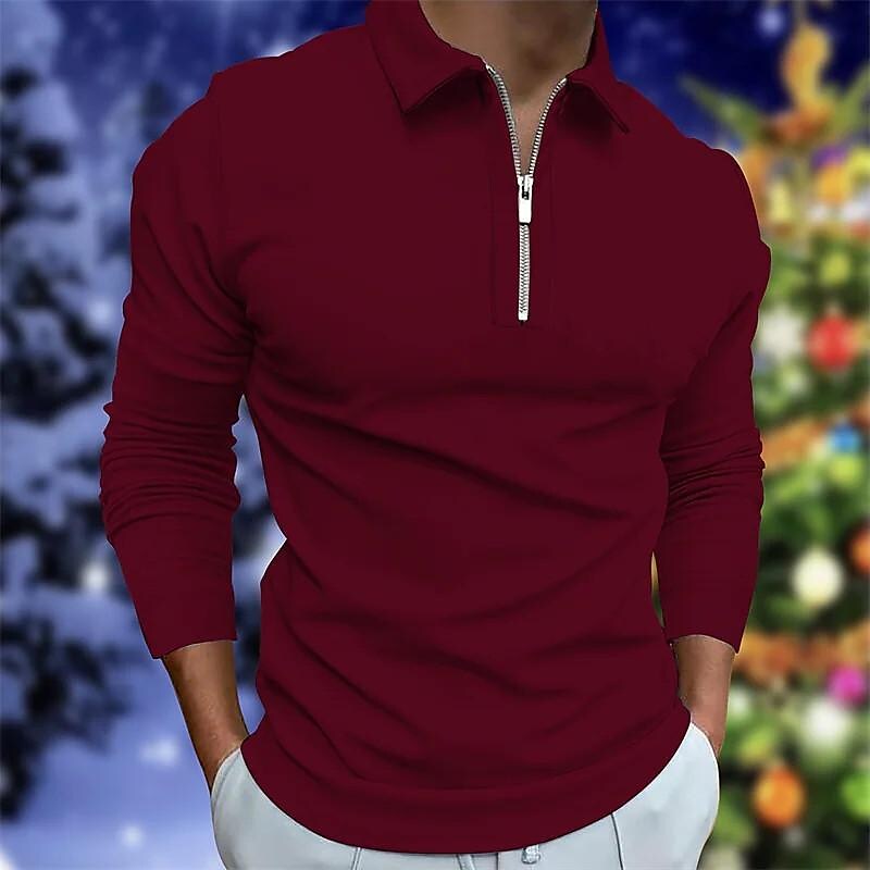 Printrendy Men's Solid Color Christmas Long Sleeve Polo T-shirt