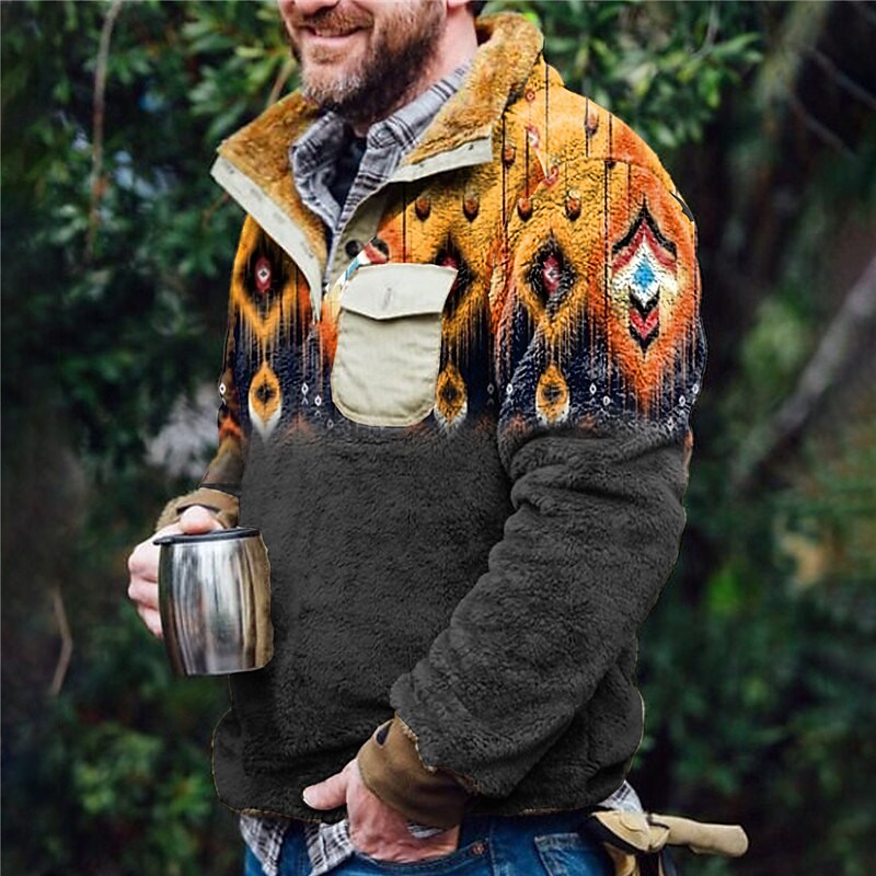 Rogoman Men's Flannel Stand Collar Half Placket Graphic Color Block Ethnic Print Pullover Sweatshirts With Pocket-D