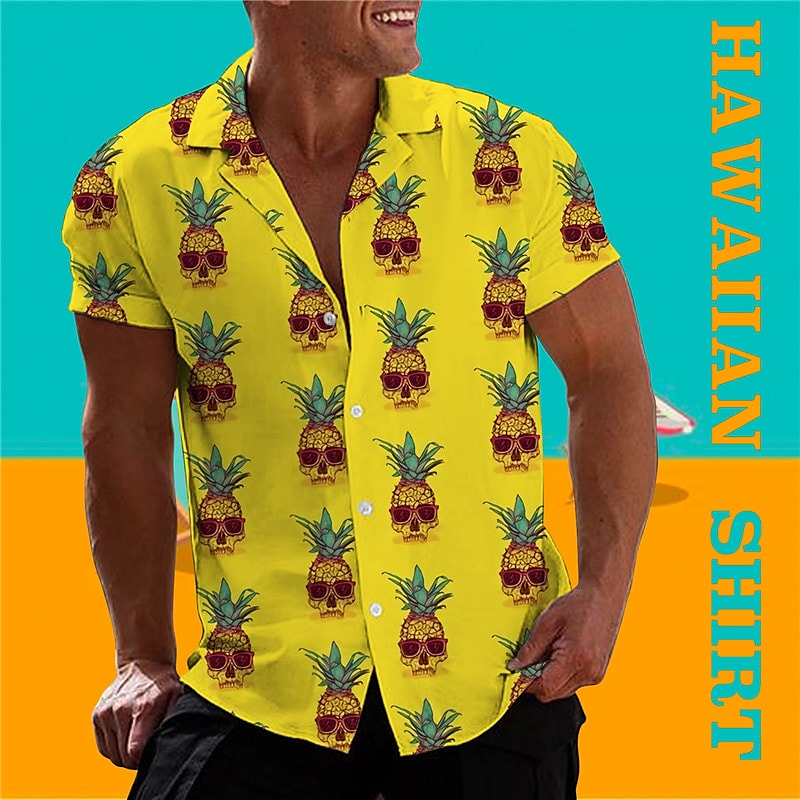 Rogoman Men's Pineapple Skull Short Sleeve Shirt