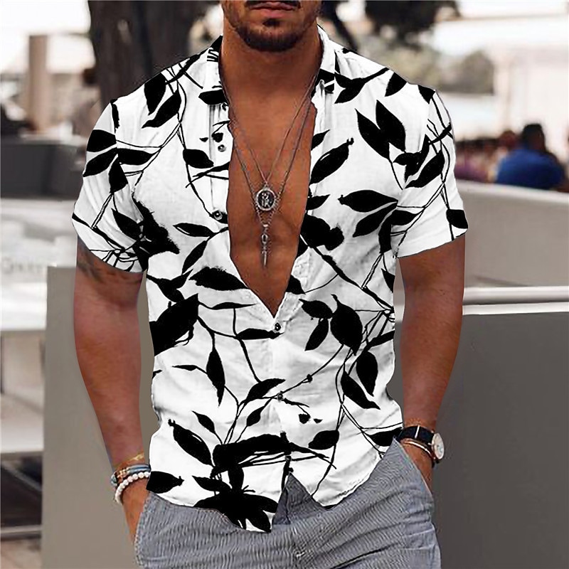 Rogoman Men's Aloha Leaves Short Sleeve Shirt