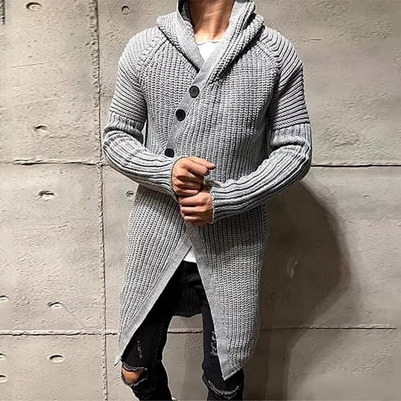Rogoman Men's Mid-length Hooded Personalized Side Button Down Knitted Cardigan