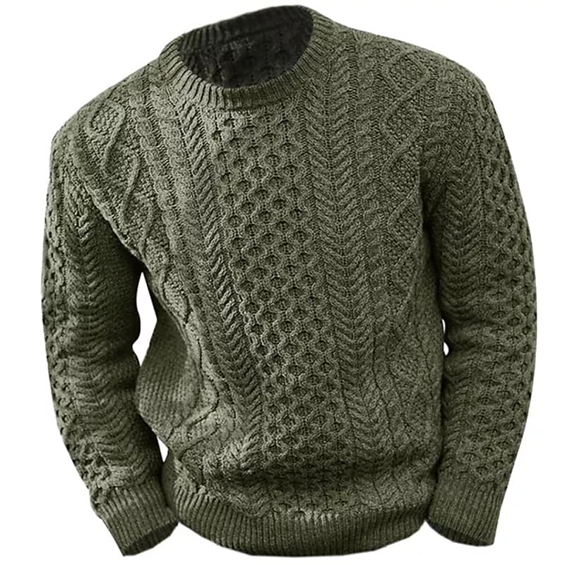 Rogoman Men's Pullover Solid Color Cable Crew Neck Sweater