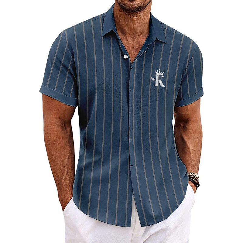 Men's Letter Striped Graphic Print King Turndown Short Sleeves Linen Shirt