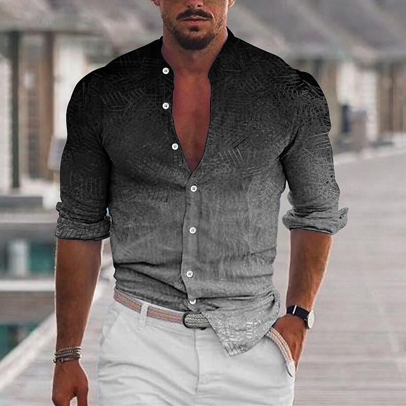Men's Long Sleeve Gradient Stand Collar 3D Print Button-Down Print Shi