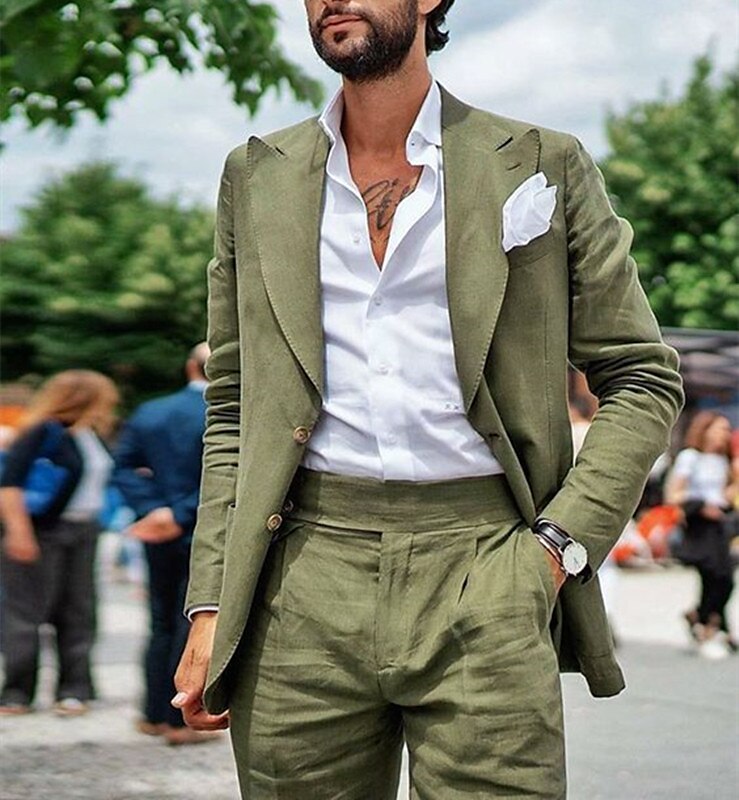 Men's Solid Colored Summer Tailored Fit Single Breasted  2 Piece Linen Suits