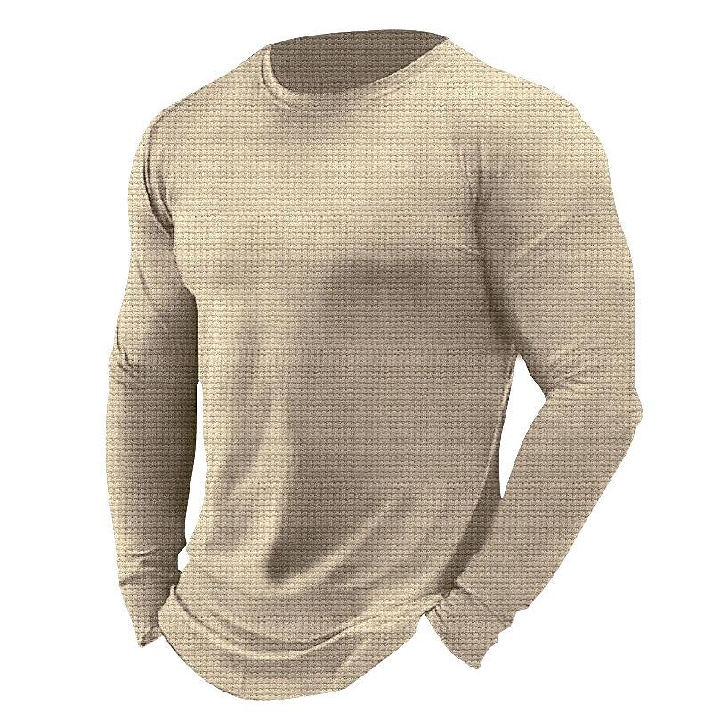 Rogoman Men's Waffle Solid Color Crew Neck Casual Long Sleeve T-shirt