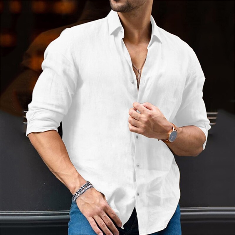 Rogoman Men's Linen Smart Casual Long Sleeve Shirt