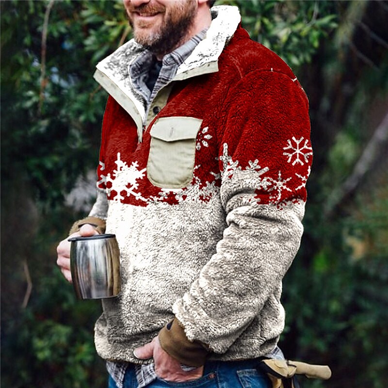 Rogoman Men's Flannel Stand Collar Half Placket Graphic Color Block Snowflake Print Christmas Pullover Sweatshirt With Pocket-A