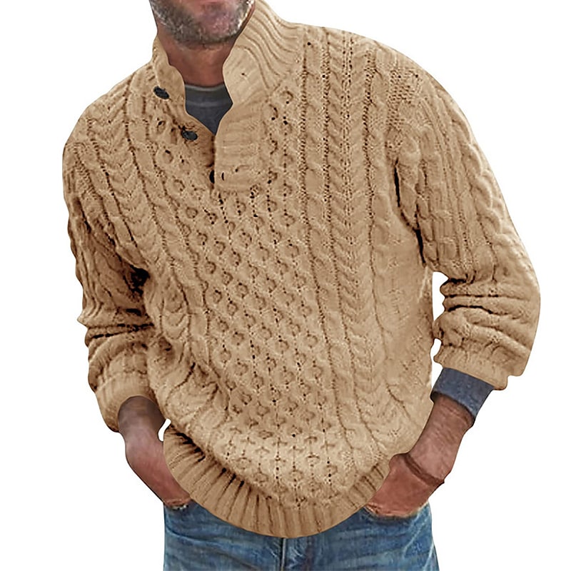 Rogoman Men's Pullover Solid Color Cable Stand Collar Sweater