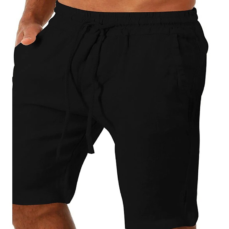Rogoman Men's Elastic Waist Pocket Cotton Linen Shorts