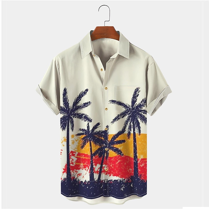 Rogoman Men's Palm Tree Sunset Short Sleeves Shirt