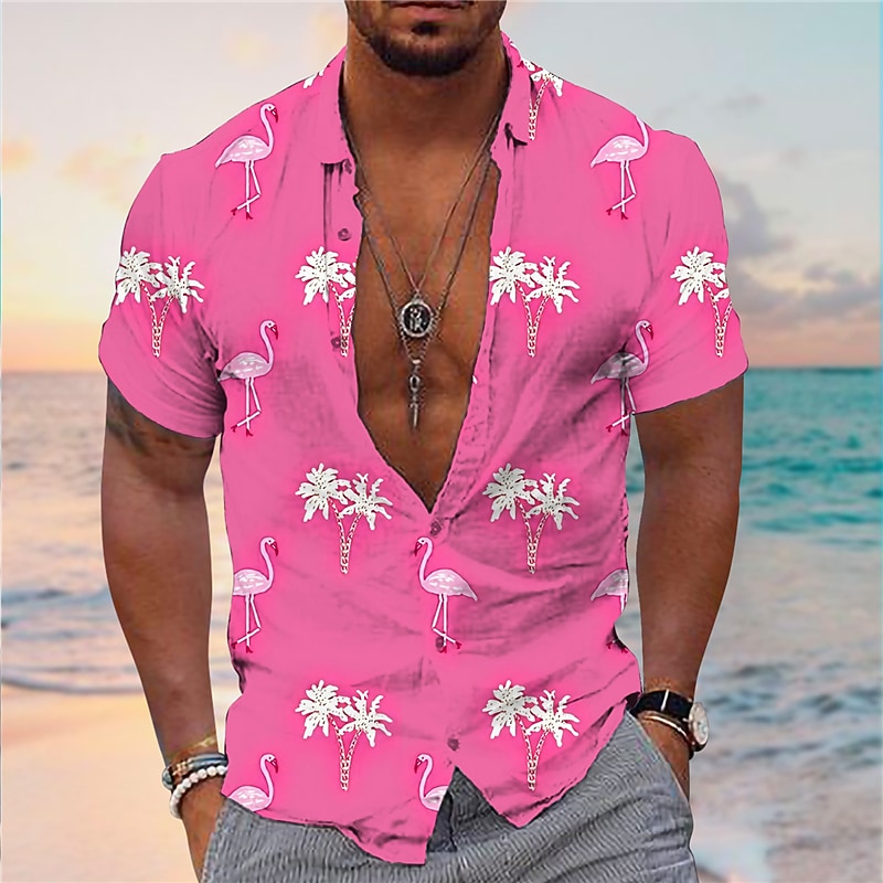 Rogoman Men's Flamingo Palm Tree Short Sleeve Shirt