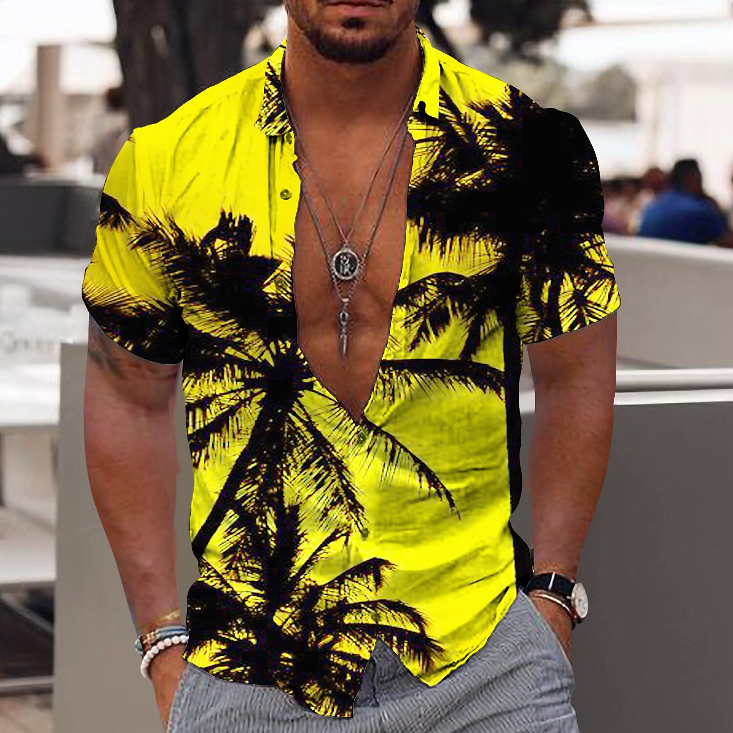Rogoman Men's Aloha Sunrise Palm Tree Short Sleeve Shirt