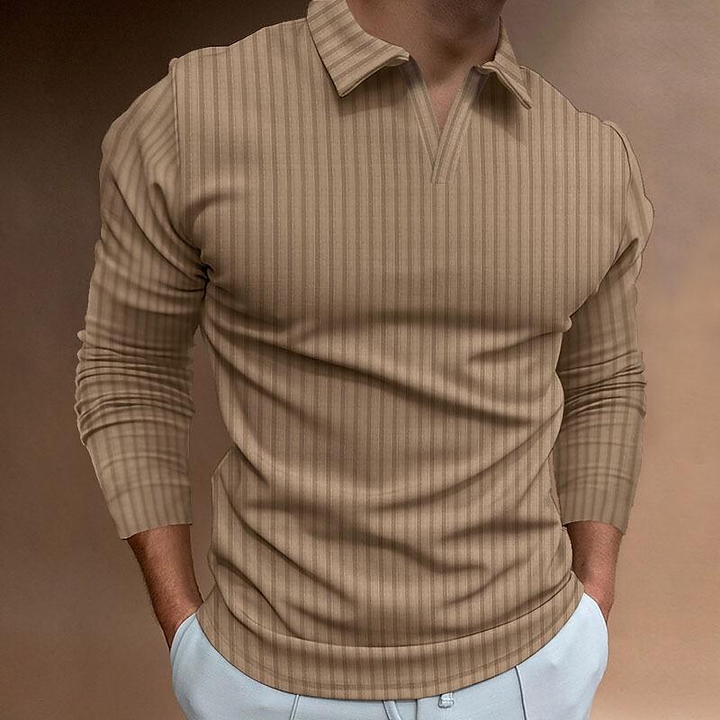 Rogoman Men's Notch Neck Vertical Stripe Texture Solid Color Long Sleeve T-shirt 