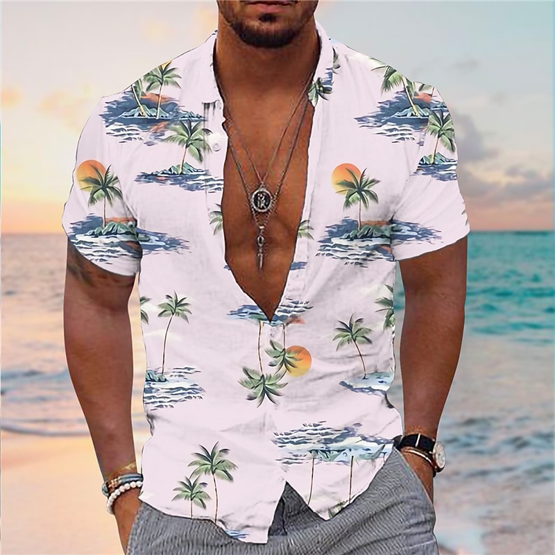 Rogoman Men's Sunset Beach Print Short Sleeve Shirt