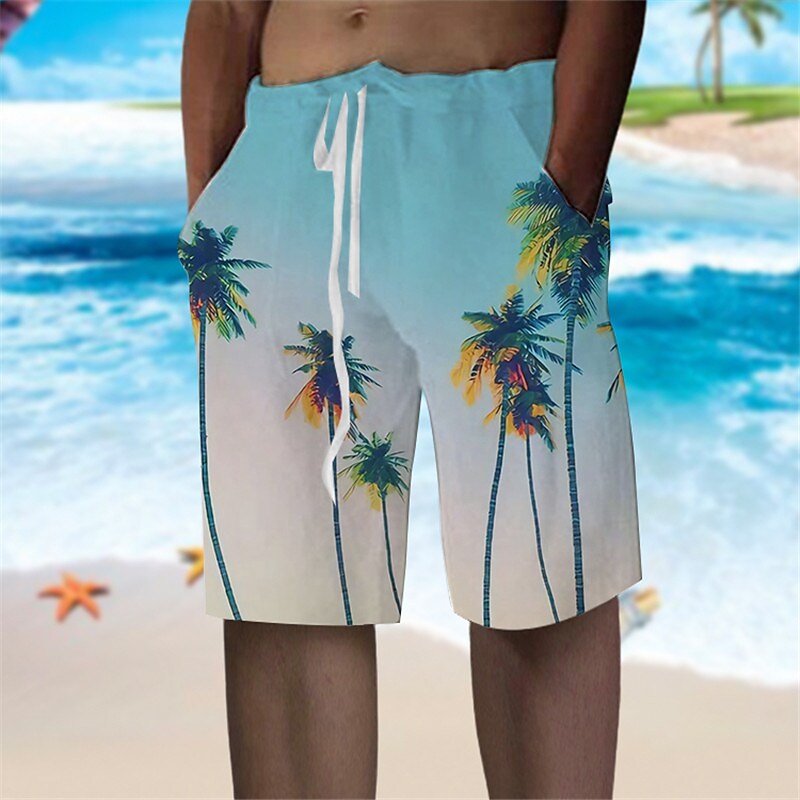 Rogoman Men's Coconut Tree Print Elastic Waist Beach Shorts