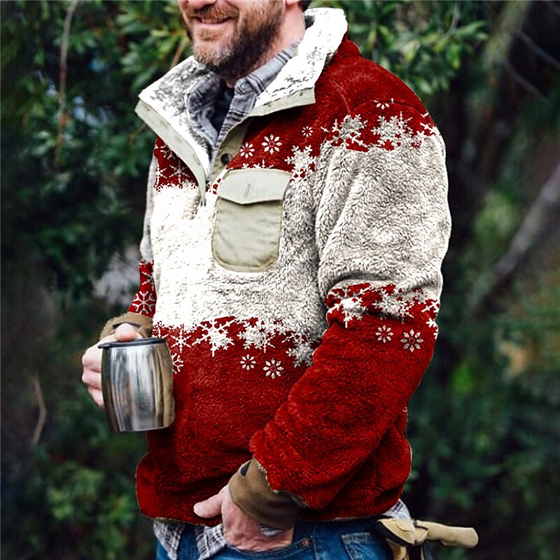 Rogoman Men's Flannel Stand Collar Half Placket Graphic Color Block Snowflake Print Christmas Pullover Sweatshirt With Pocket-B