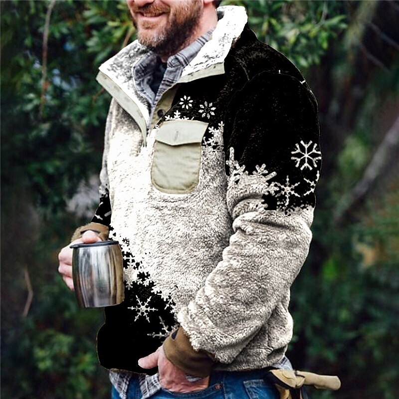 Rogoman Men's Flannel Stand Collar Half Placket Graphic Color Block Snowflake Print Christmas Pullover Sweatshirt With Pocket-C