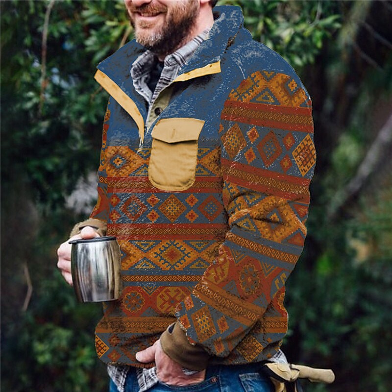 Rogoman Men's Flannel Stand Collar Half Placket Graphic Color Block Ethnic Print Pullover Sweatshirts With Pocket-B