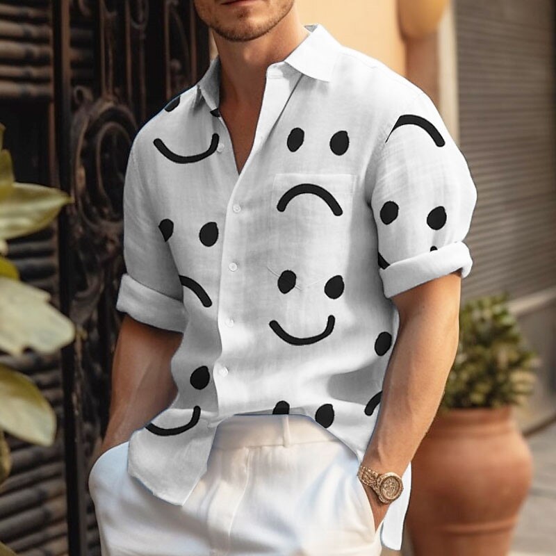 Men's Summer Hawaiian Graphic Print Smiley Face Turndown Long Sleeve Casual Shirt