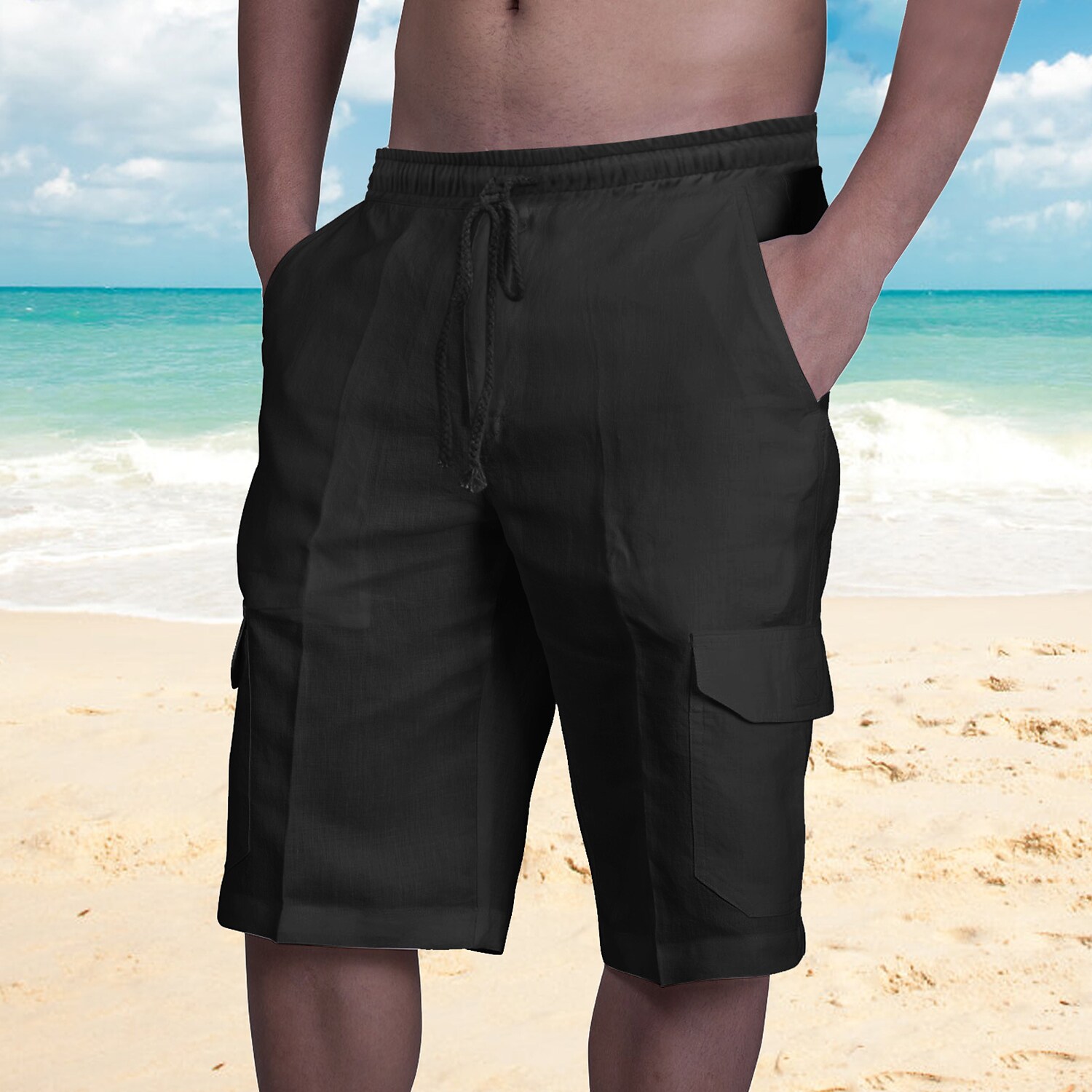 Rogoman Men's Linen Multi Pocket Beach Shorts