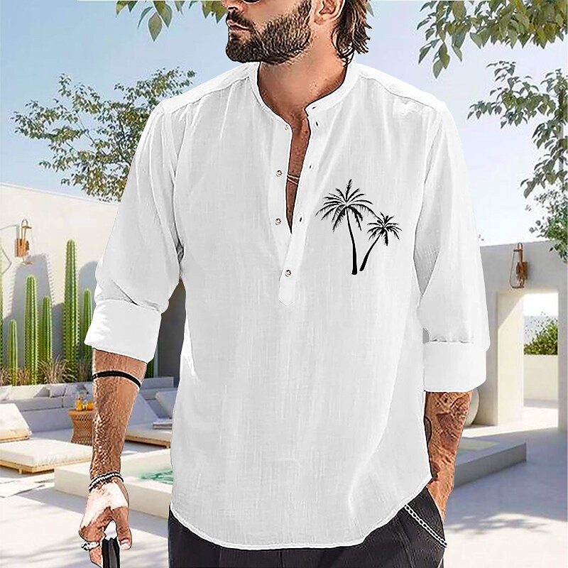 Rogoman Men's Linen Palm Tree Collar Long Sleeve Shirt