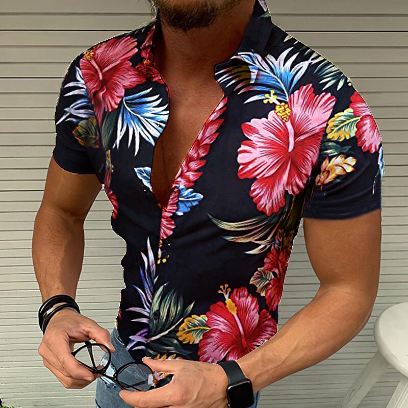Rogoman Men's Graphic Floral Short Sleeve Shirt