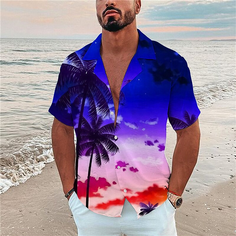 Rogoman Men's Hawaiian Coconut Tree Collar Short Sleeve Shirt