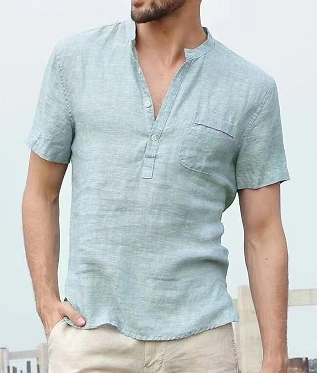 Men's Linen Summer Beach Short Sleeve Solid Color Collar Hawaiian Shirt