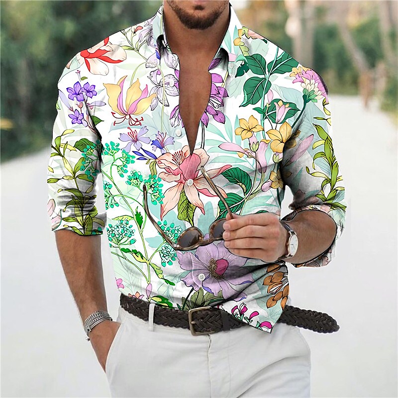 Rogoman Men's Floral 3D Print Long Sleeve Shirt