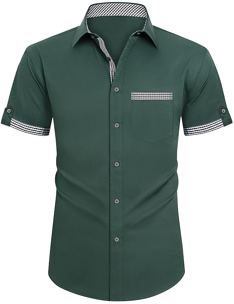 Men's Button Up Casual Summer Beach Short Sleeve Patchwork Lapel Front Pocket Shirt