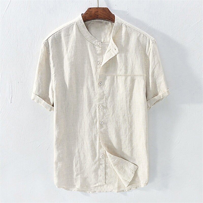 Rogoman Men's Simple Beach Linen Short Sleeve Shirt