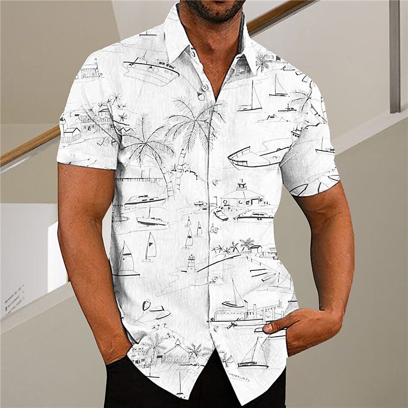 Rogoman Men's Aloha Coconut Tree Print Short Sleeve Shirt