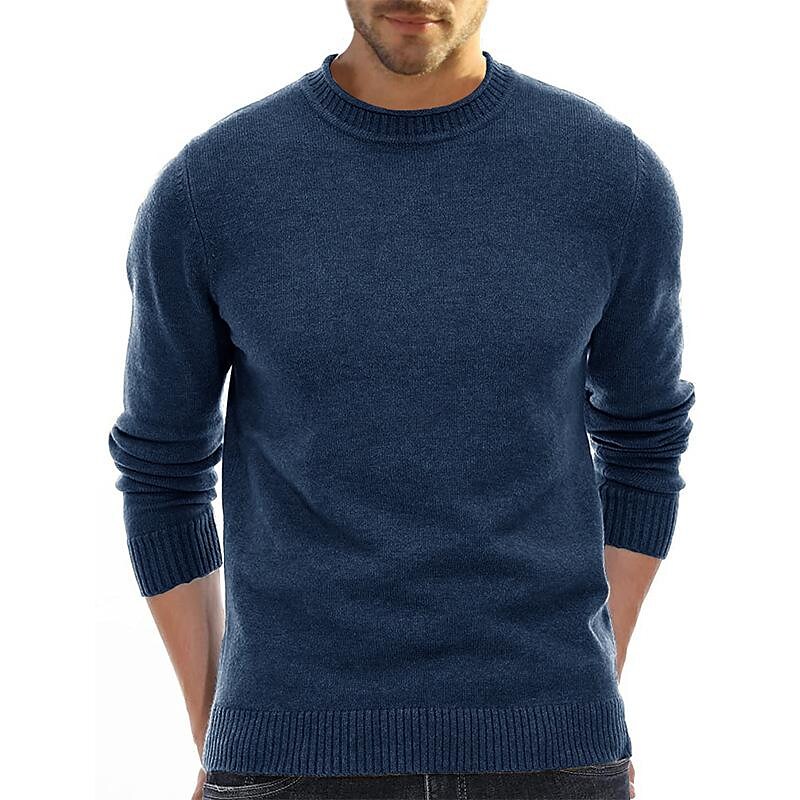 Rogoman Men's Pullover Solid Color Crew Neck Long-sleeved Sweater