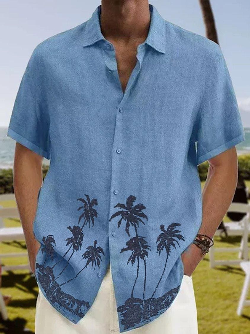 Rogoman Men's Seaside Palm Tree Blue Short Sleeve Shirt