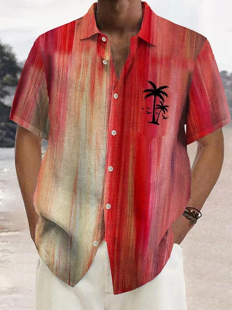 Men's Summer Gradient Coconut Tree Graphic Prints Turndown Short Sleeves Button-Down Linen Shirt