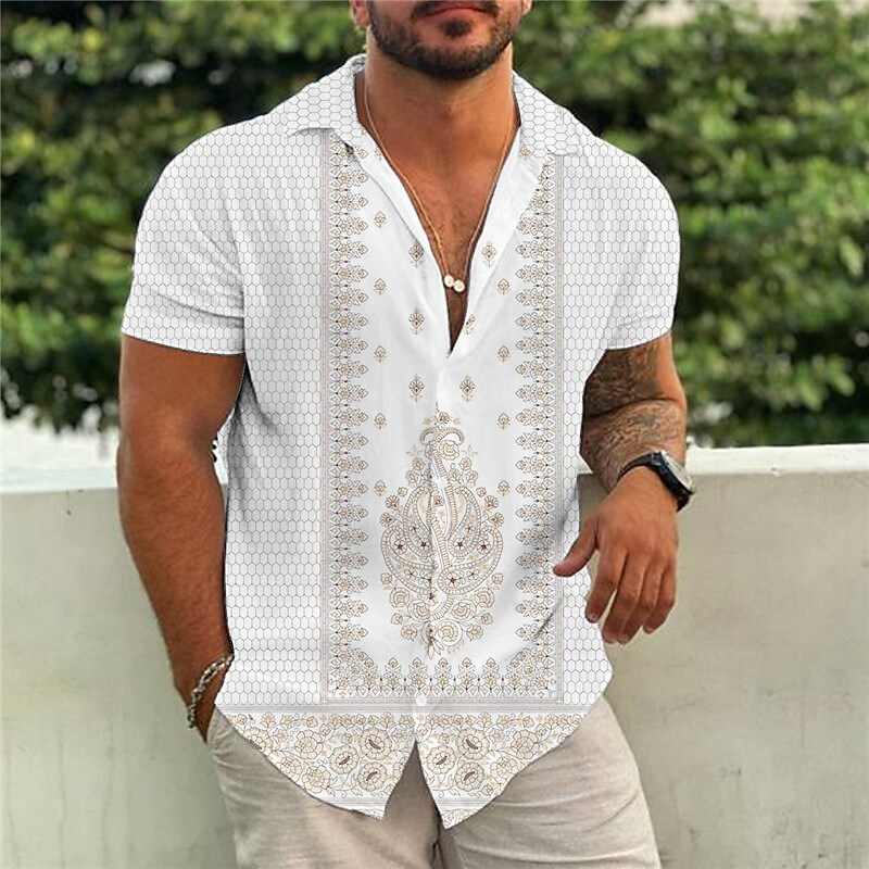 Rogoman Men's Bohemian Tropical Print Short Sleeve Shirt