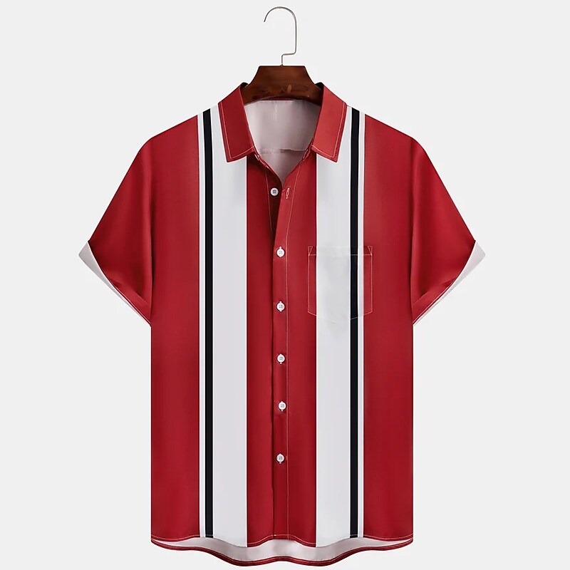 Men's Button Up Shirt Short Sleeve Striped Turndown Vacation Front Pocket Casual Shirt