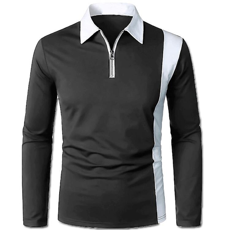 Rogoman Men's Color-blocking Long-sleeved Polo T-shirt 