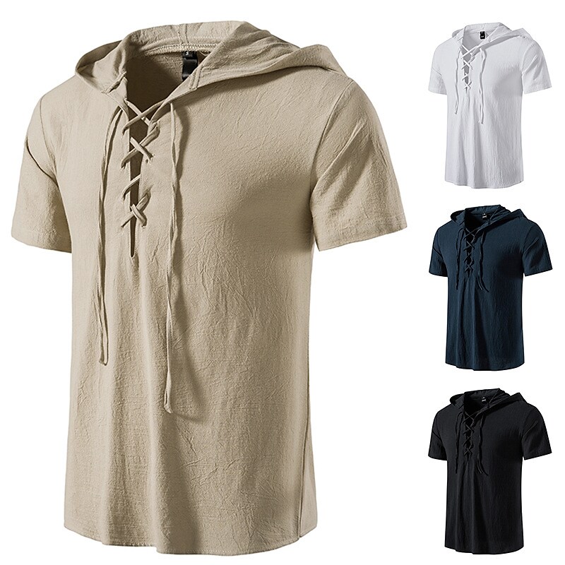 Men's Linen Summer Short Sleeve Plain Hooded Lace up Shirt