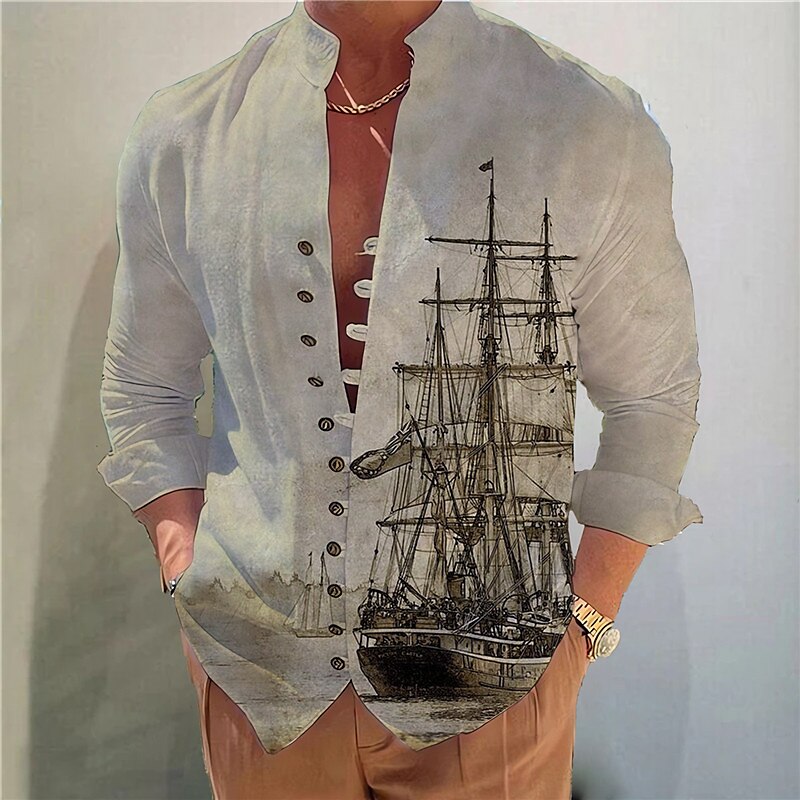 Men's Graphic Prints Vintage Sailboat Stand Collar Outdoor Street Long Sleeve Comfortable Shirt