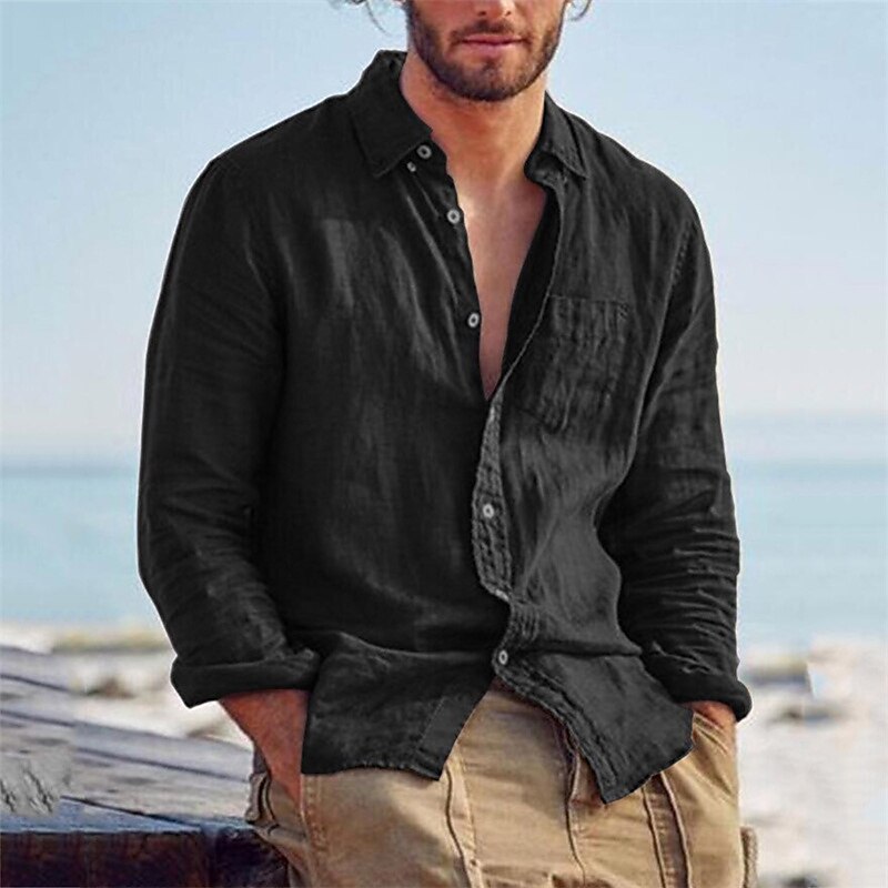 Men's Summer Beach Long Sleeve Solid Color Turndown Button-Down Linen Shirt