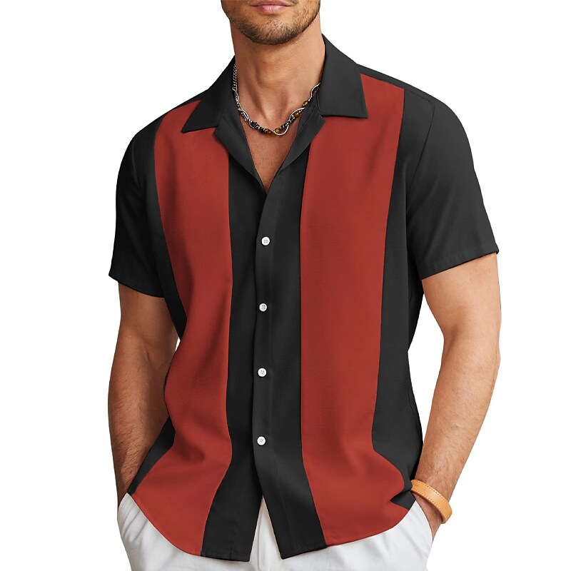 Men's Button Up Summer Short Sleeve Color Block Turndown Bowling Shirt