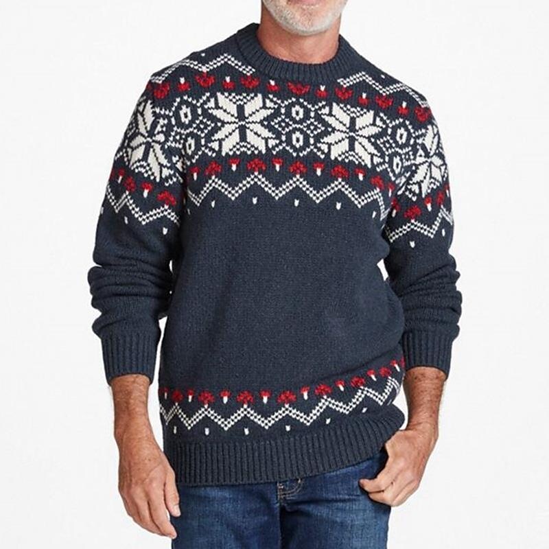 Rogoman Men's Crew Neck Pullover Geometric Jacquard Sweater